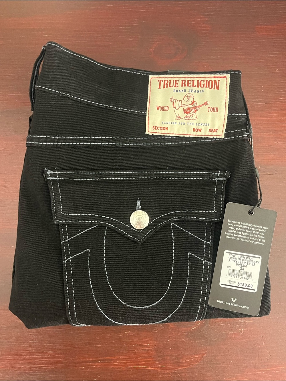 True Religion Ricky SN Flap Relaxed Straight Jeans Men’s 34 34x32 Black NWT